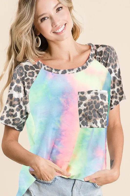 BiBi Tie Dye Knit Top with Leopard Raglan Sleeves