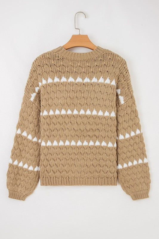 Colorblock Textured Knit Puff Sleeve Sweater
