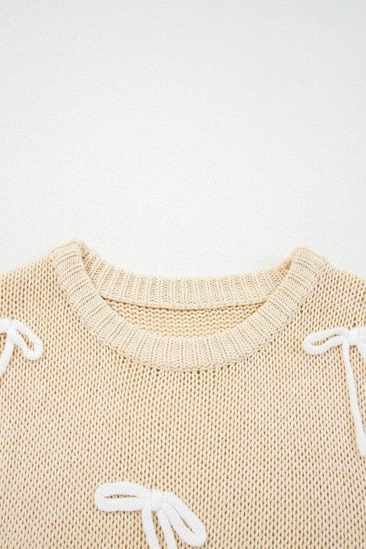 Solid Bow Applique Cap Sleeve Sweater