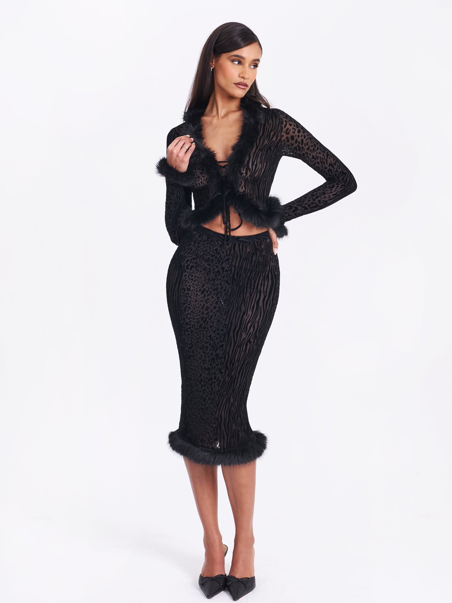 Hali Black Animal Print Burnout Velvet Fur Trim Top