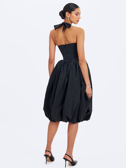Veradis Black Taffeta Halter Bubble-Hem Midi Dress