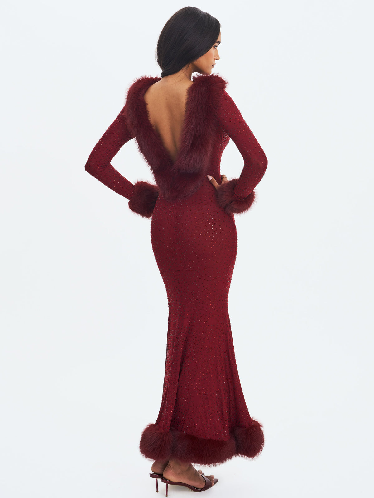 Melrose Burgundy Petite-Length Rhinestone Mesh Low Back Mermaid Gown