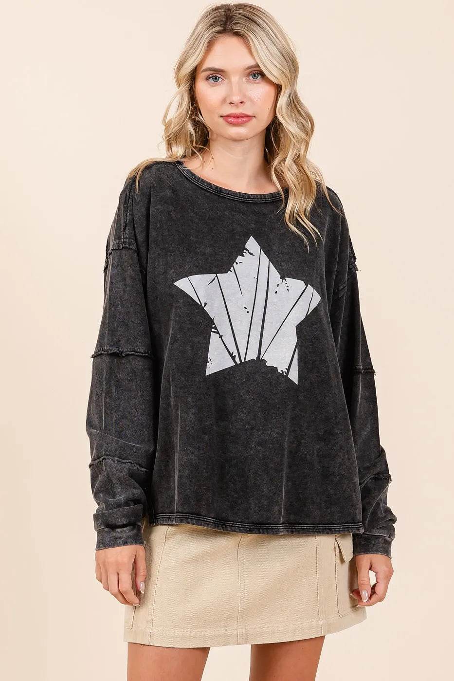 Mittoshop Star Graphic Mineral Wash Long Sleeve Top