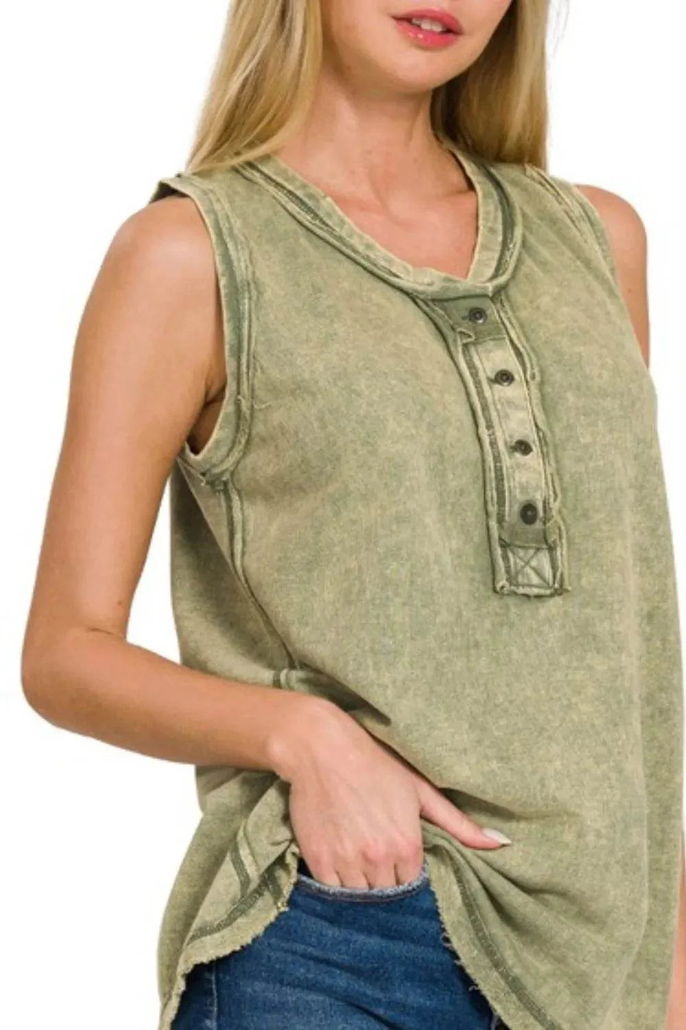 Zenana Washed Half-button Raw Edge Sleeveless Henley Top
