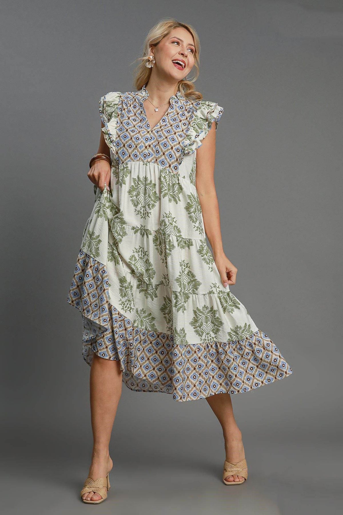 Umgee Full Size Mixed Print Ruffle Cap Sleeve Midi Dress Plus Size