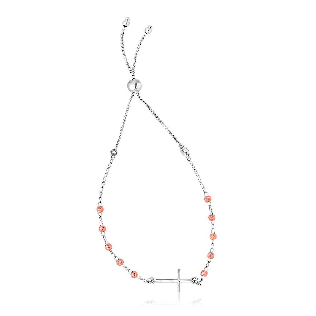 Sterling Silver White and Rose Finish Adjustable Bracelet with Cross