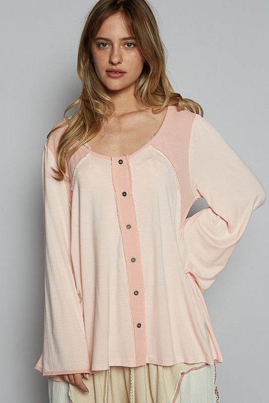 POL Contrast Button Front Long Sleeve Knit Top