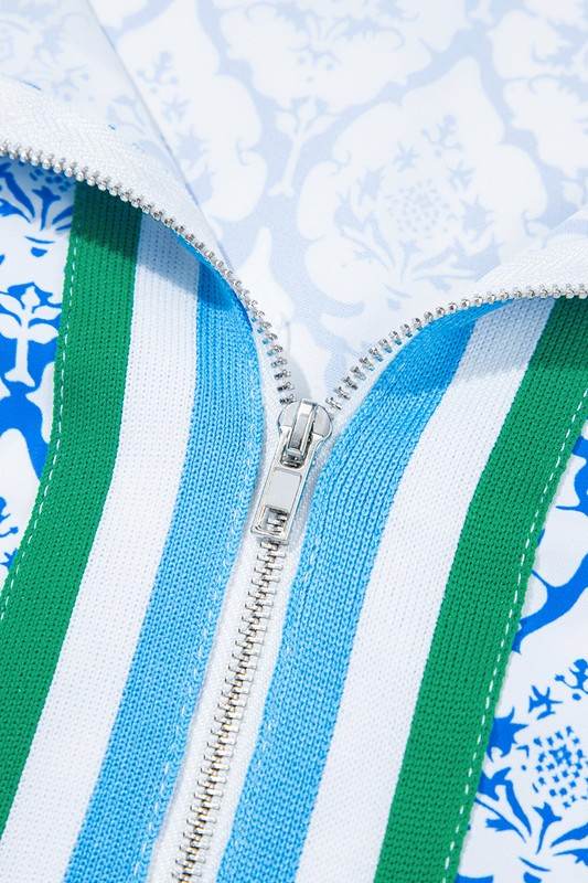 Sky Blue Colorblock Striped Collar Bohemian Print