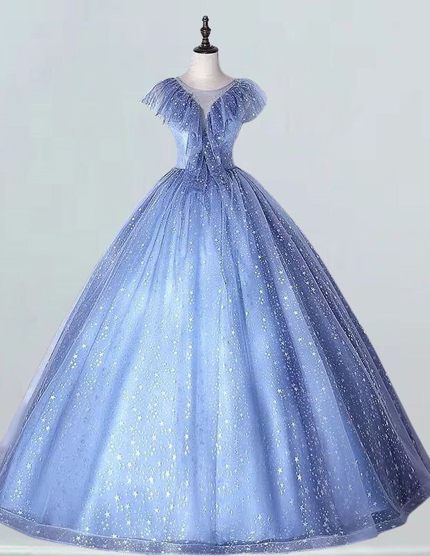 Blue scoop fairy lace long ball gown beaded v neck floor length prom dress
