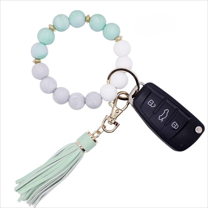 PU Tassel Keychain Women's Bag charm Silicone Beaded Keychain Wristlet Key Ring Bracelet Cute Car Key Chain Holder for Women Girls