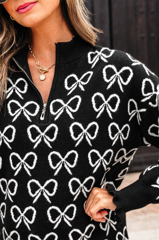 Bow Zipped Collar Drop Shoulder Sweater