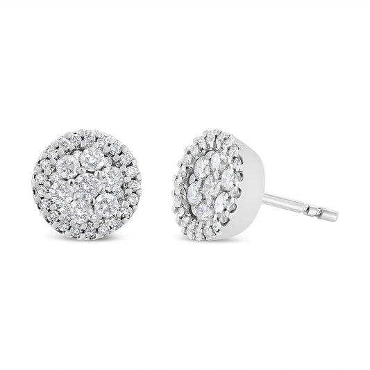 14K White Gold 1.0 Cttw Brilliant-Cut Diamond Halo-Style Cluster Round Button Stud Earrings (H-I Color, I1-I2 Clarity)