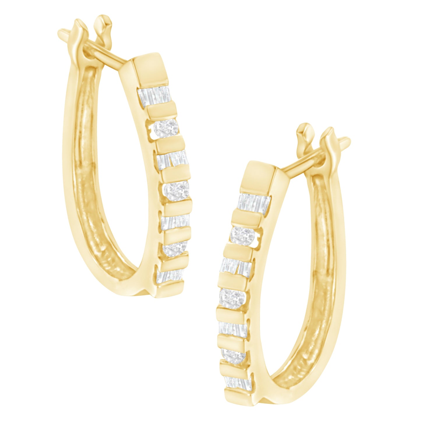 10K Yellow Gold Round and Baguette Cut Diamond Oblong Hinged Leverback Hoop Earrings (Â¼ Cttw, I-J Color, I2-I3 Clarity)