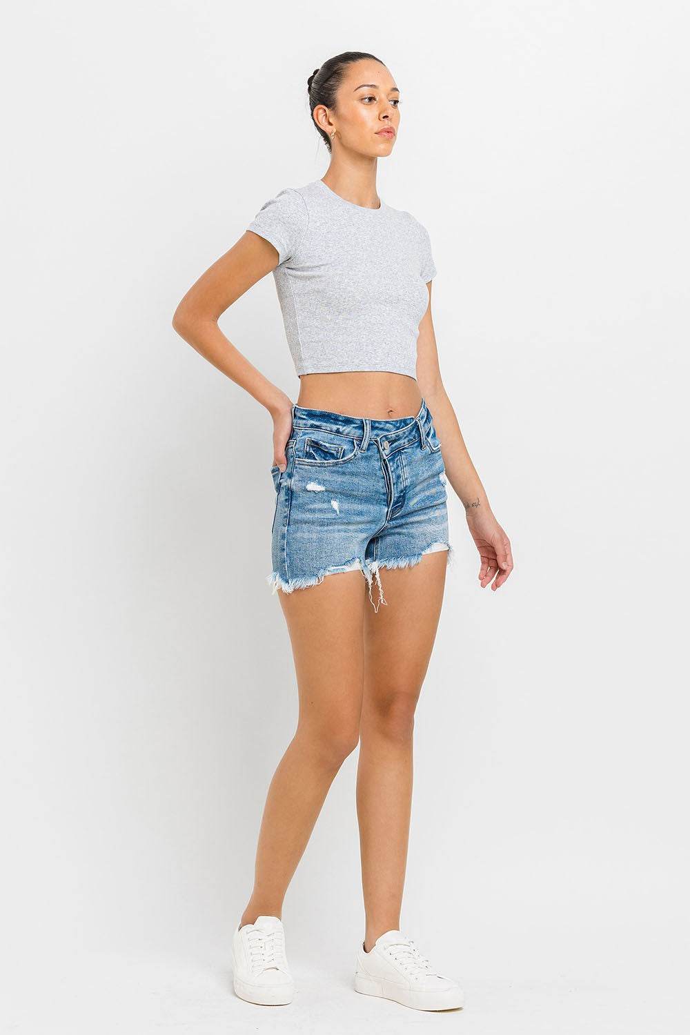 Lovervet Stepped Waist Raw Hem Denim Shorts
