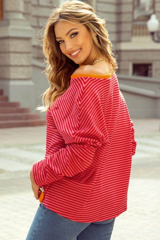 Camila Striped Side Buttons Drop Shoulder Top