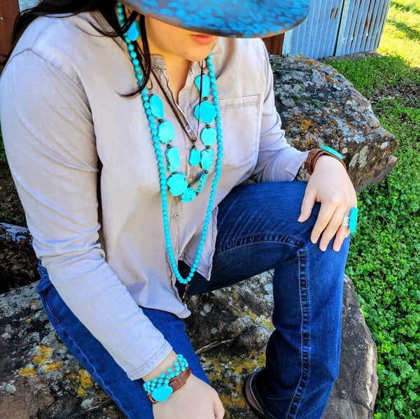 Blue Turquoise Slab on Narrow Leather Cuff