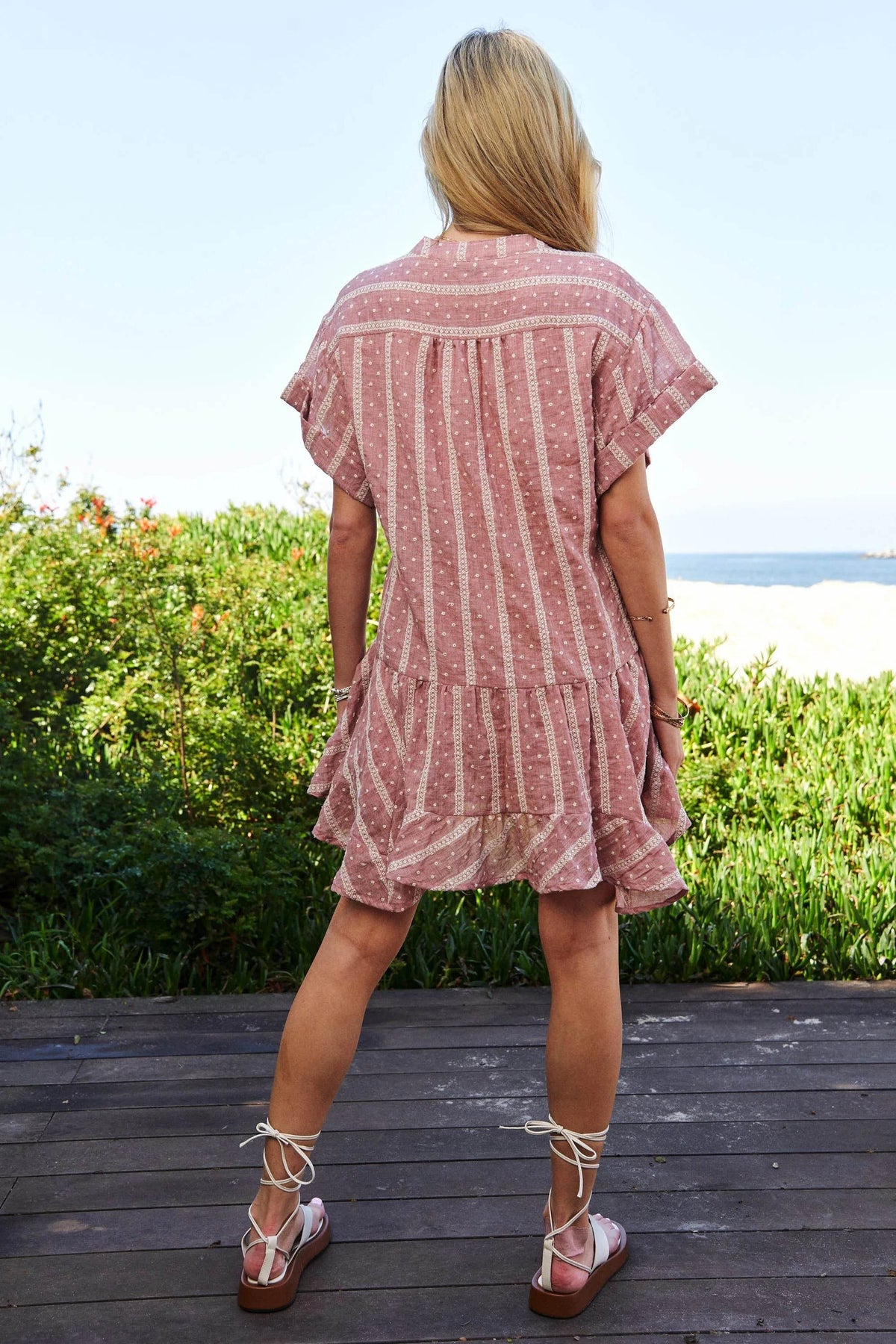 Davi & Dani Embroidery V Neck Short Sleeve Ruffled Mini Dress