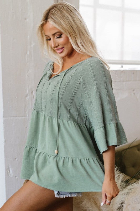 Ensley Tie Split Neck Textured Ruffle Patchwork Bl