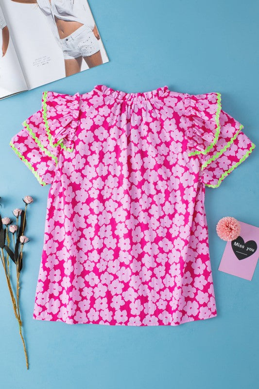 Capri Floral Ric Rac Ruffle Sleeve Blouse