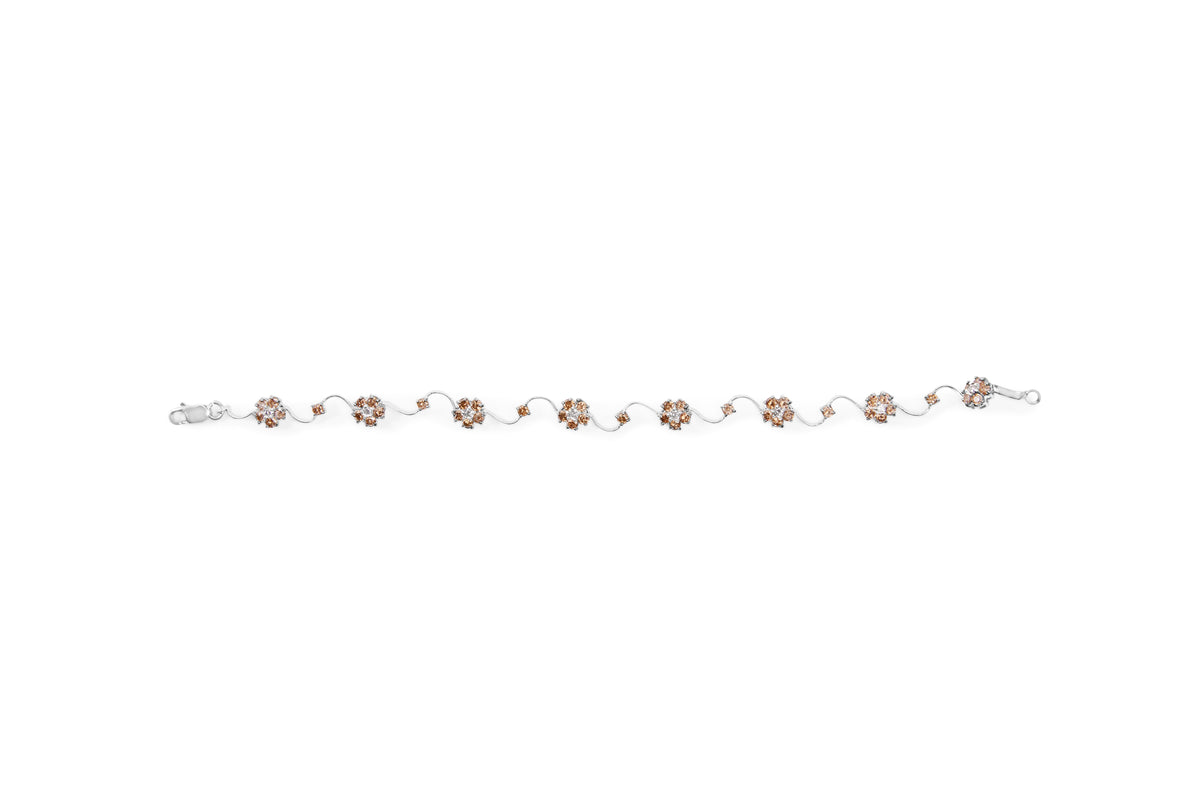 10K White Gold 4.0 Cttw Champagne and White Diamond Floral Cluster and Station Link Bracelet (H-I Color, SI2-I1 Clarity) - 7" Inches