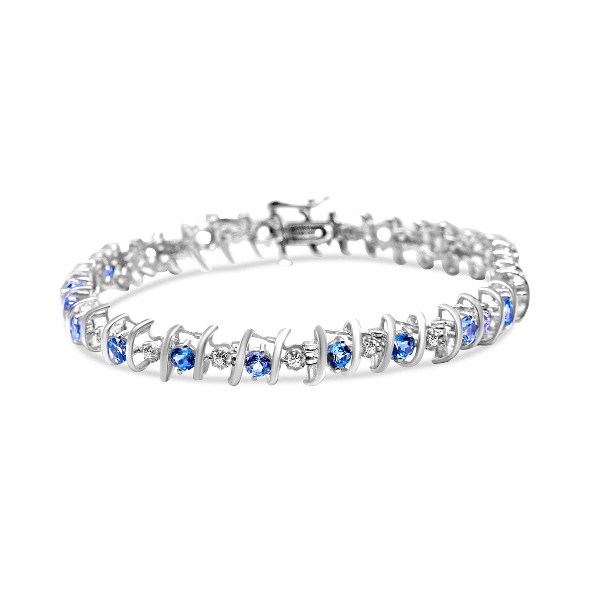 .925 Sterling Silver, Lab-Grown Gemstone and 4 Cttw Round Diamond Tennis Bracelet (H-I Color, I1-I2 Clarity) - Created Blue Sapphire, September Birthstone