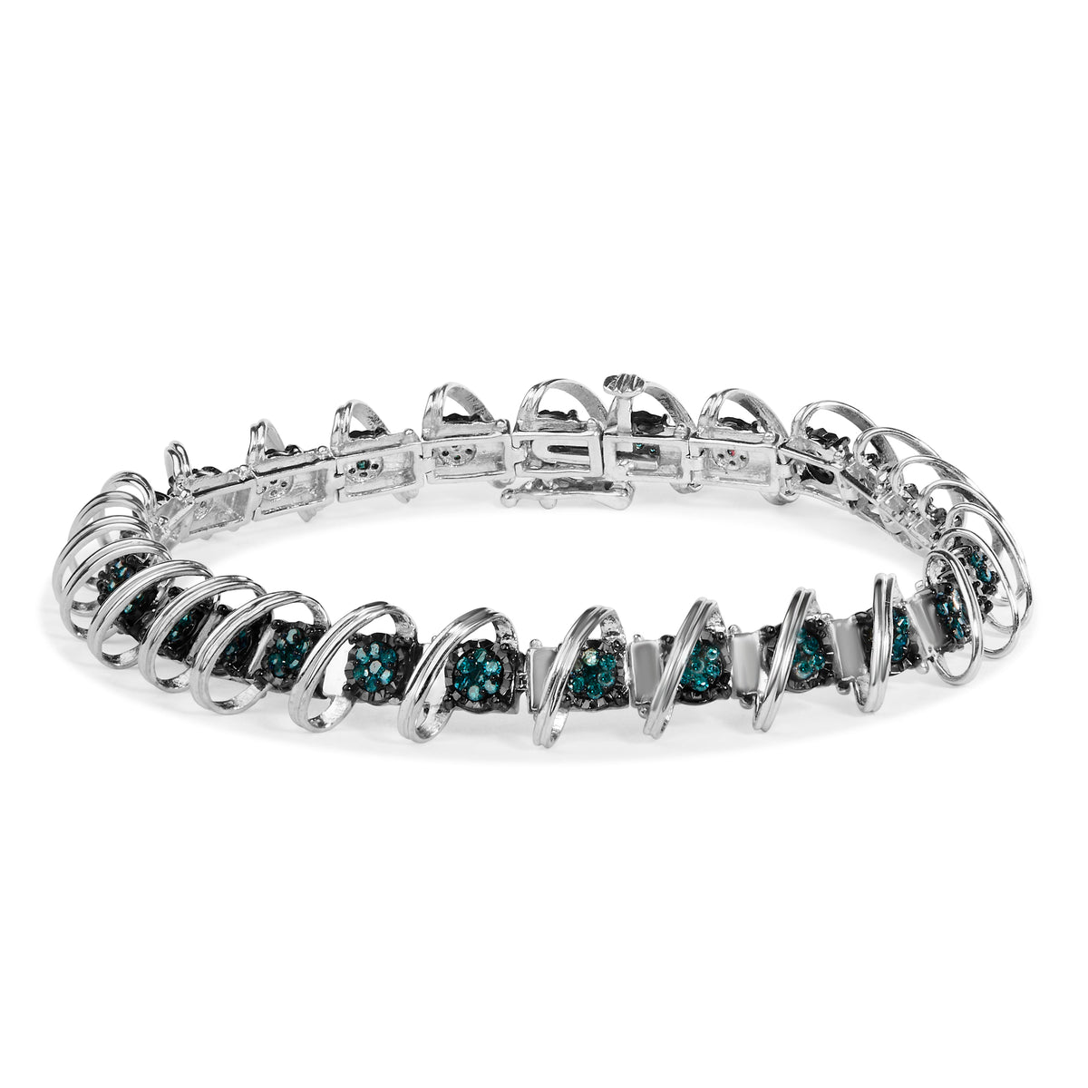 .925 Sterling Silver 3/4 Cttw Blue Diamond Illusion Plate Looped Link Bracelet