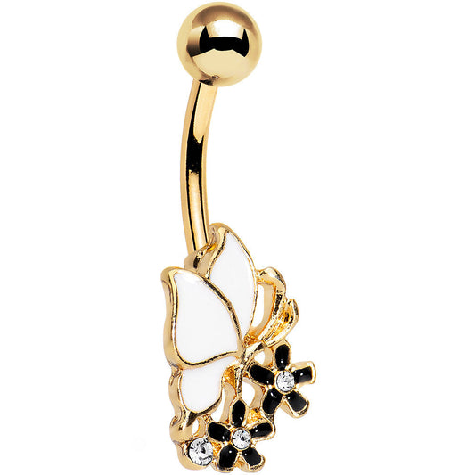 Gold Anodized Black and White Butterfly and Flower Belly Ring