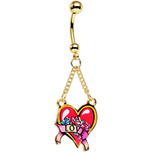 Gold Anodized Steel Red Tattoo Flash Love Heart Dangle Belly Ring