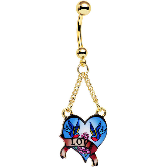 Gold Anodized Steel Blue Tattoo Flash Love Heart Dangle Belly Ring