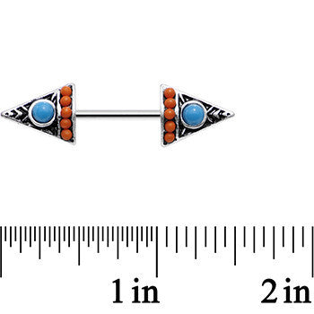 14G 9/16 Blue and Orange Artistic Deco Arrowhead Nipple Ring Set