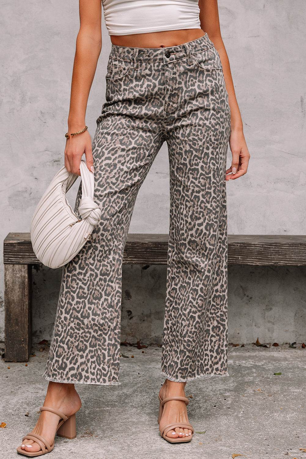 Brown Leopard Frayed Edge Wide Leg High Waist Jeans
