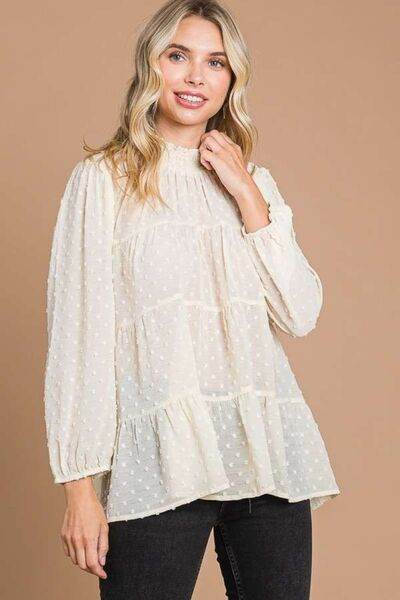 Culture Code Swiss Dot Smocked Blouse - Full Size Mock Neck Top