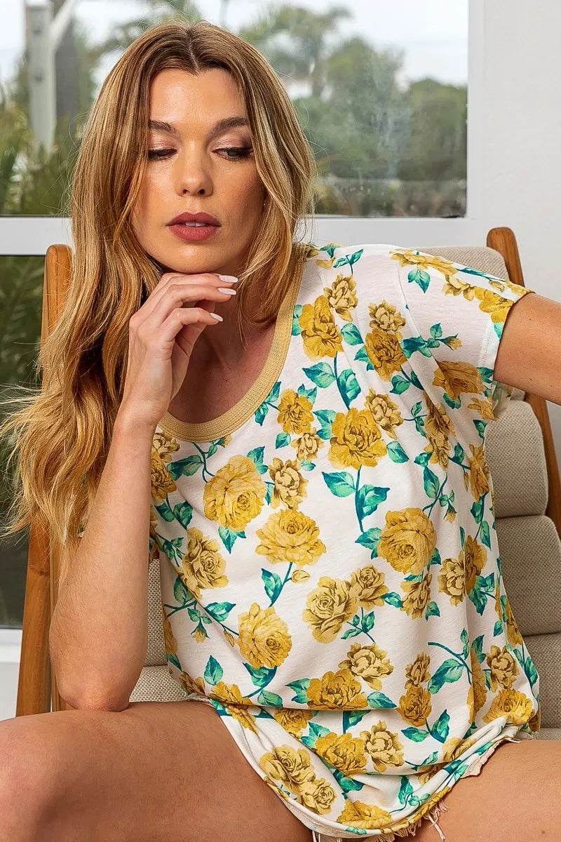 BiBi Rose Print Thermal Neck Binding Dolman Sleeves Top