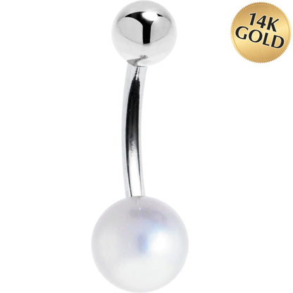 16G Solid 14K White Gold Synthetic Pearl Belly Ring