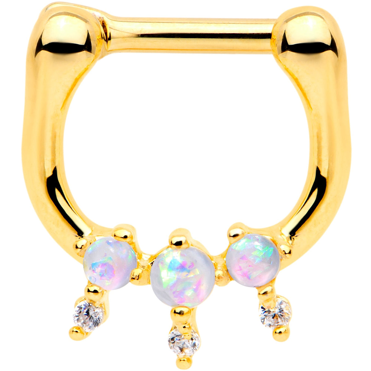 1/4 White Faux Opal Gold Tone Anodized Tri Spike Nipple Clicker Set
