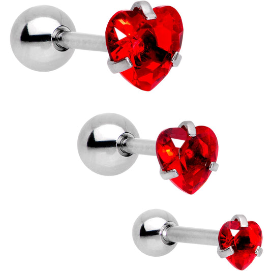 16G 5/16 Red Gem Heart Trio Tragus Cartilage Earring Set of 3