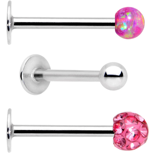 16G 3/8 Pink Faux Opal Ball Labret Monroe Tragus 3 Pack Set