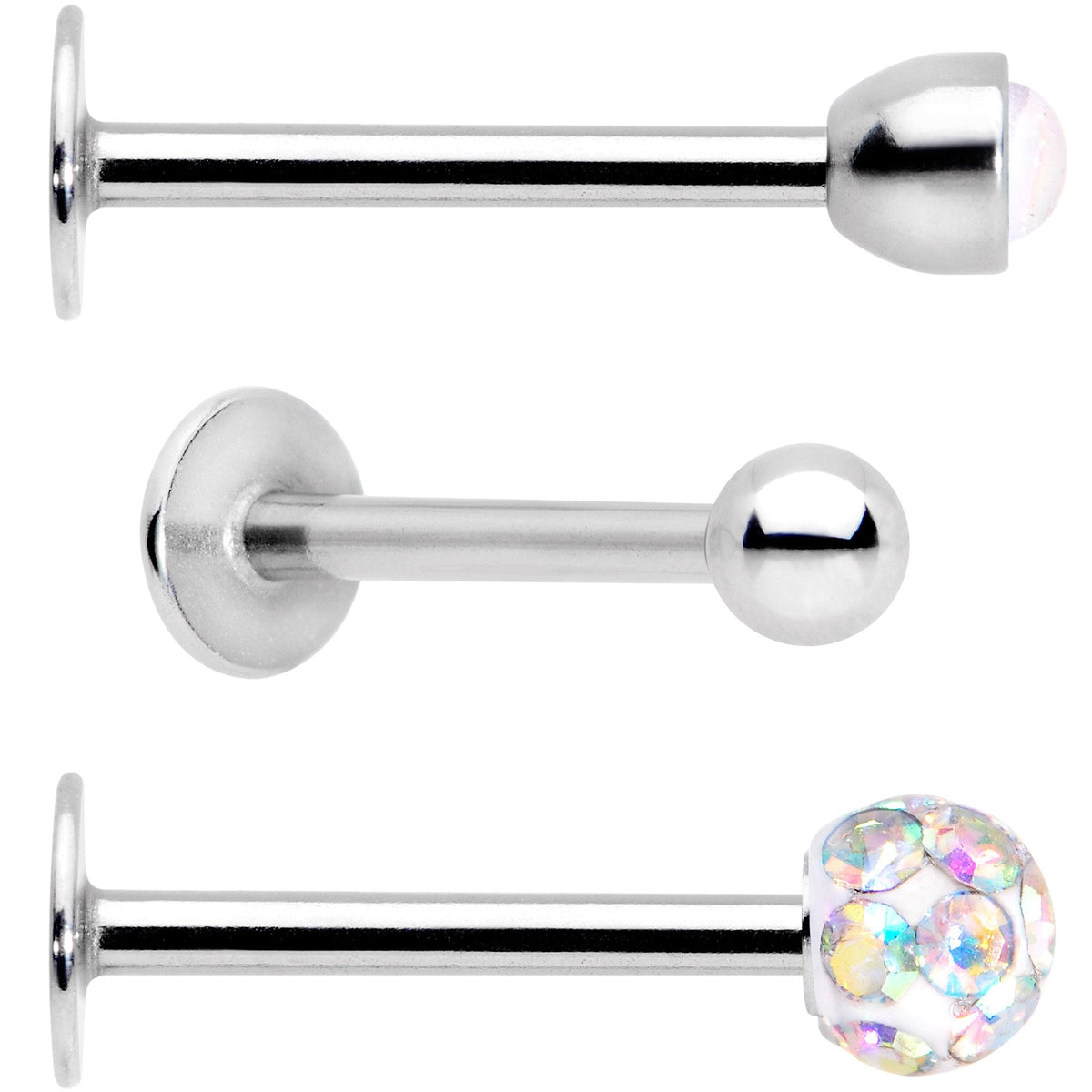 16G 3/8 Aurora Press Fit Faux Opal Labret Monroe Tragus 3 Pack Set