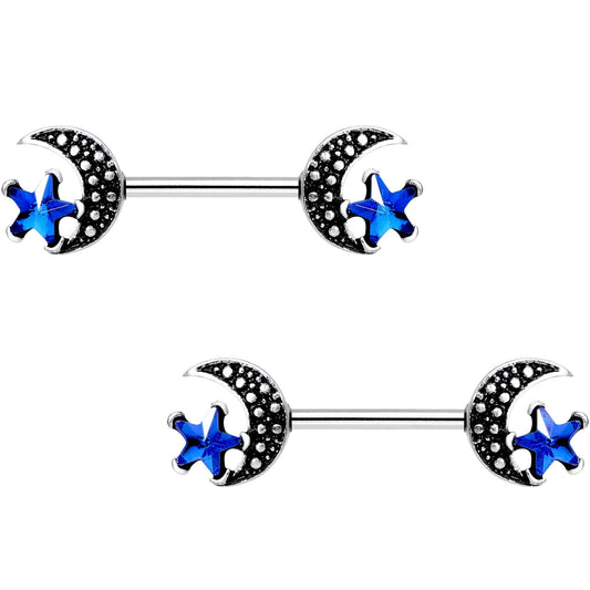 9/16 Blue Gem Stars and Moons Barbell Nipple Ring Set