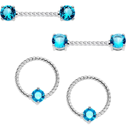 14G Blue CZ Gem Twisted Captive Ring Barbell Nipple Ring Set