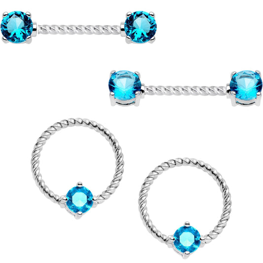 14G Blue CZ Gem Twisted Captive Ring Barbell Nipple Ring Set