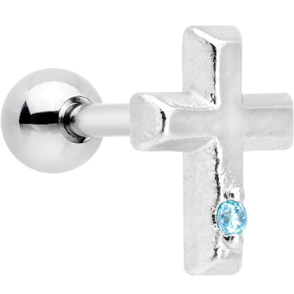 1/4 Aqua CZ Gem Embossed Cross Tragus Cartilage Earring