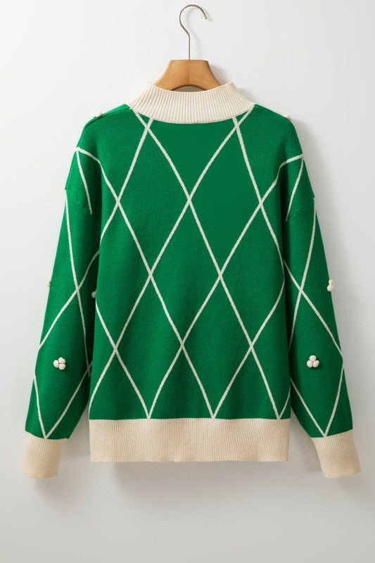 Christmas Geometric Diamond Pom Long Sleeve Sweate