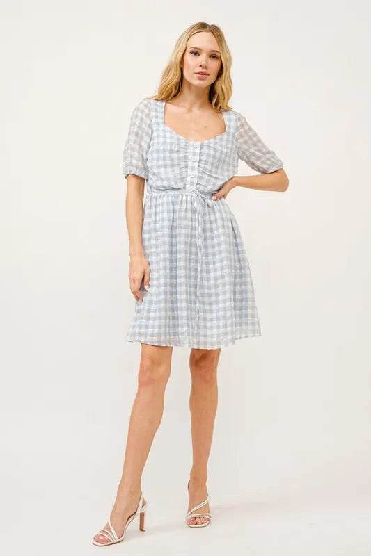 And The Why Puff Sleeve Ruched Button Front Gingham Dress