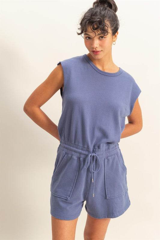 HYFVE Round Neck Cap Sleeve Drawstring Waist Romper
