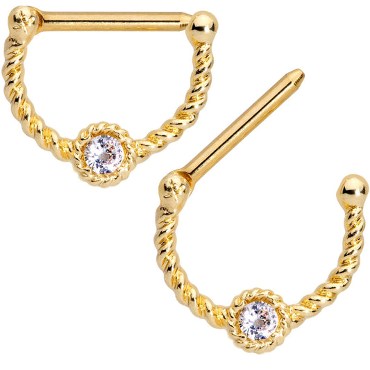 14G 7/16 Clear Gem Gold Tone Anodized Twisted Nipple Clicker Set