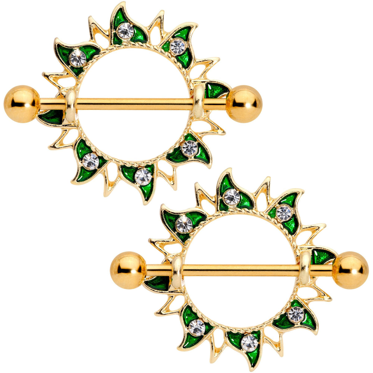 7/8 Clear Green Gem Gold PVD Lucky Sun Nipple Shield Set