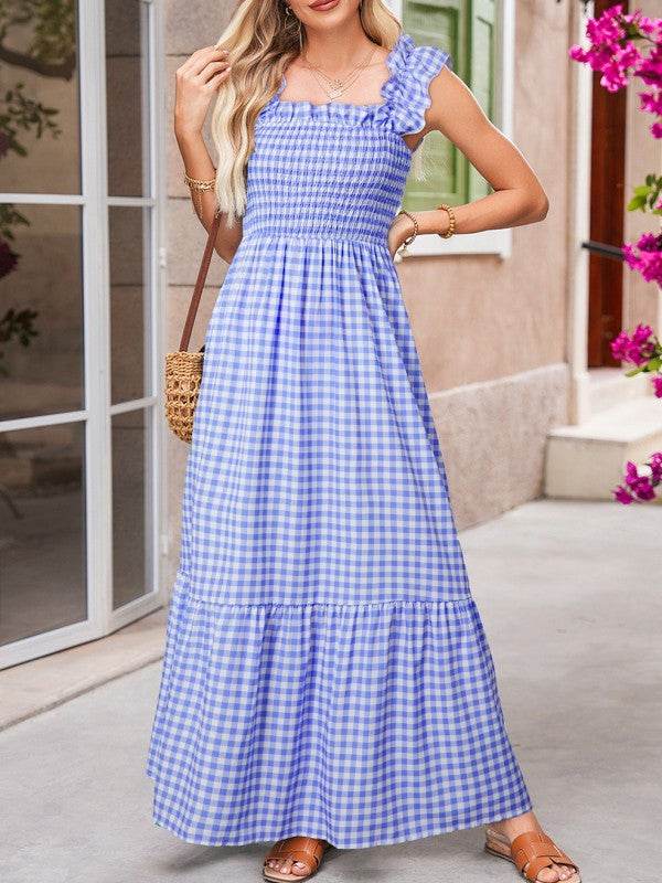 Blue Gingham plaid check maxi dress
