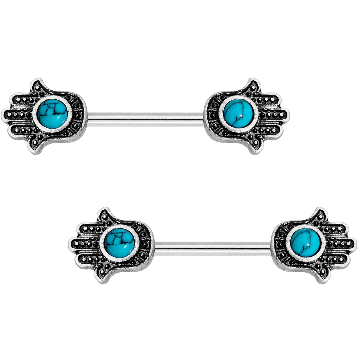 Faux Turquoise Hamsa Hand Barbell Nipple Ring Set