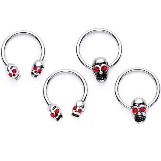 16G 3/8 Red Gem Skull Eye Horseshoe Barbell BCR Captive Ring Set
